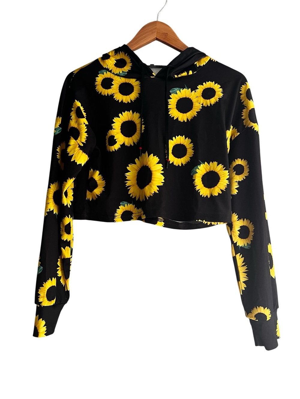 Sunflower Print Cropped Hoodie - Black & Yellow